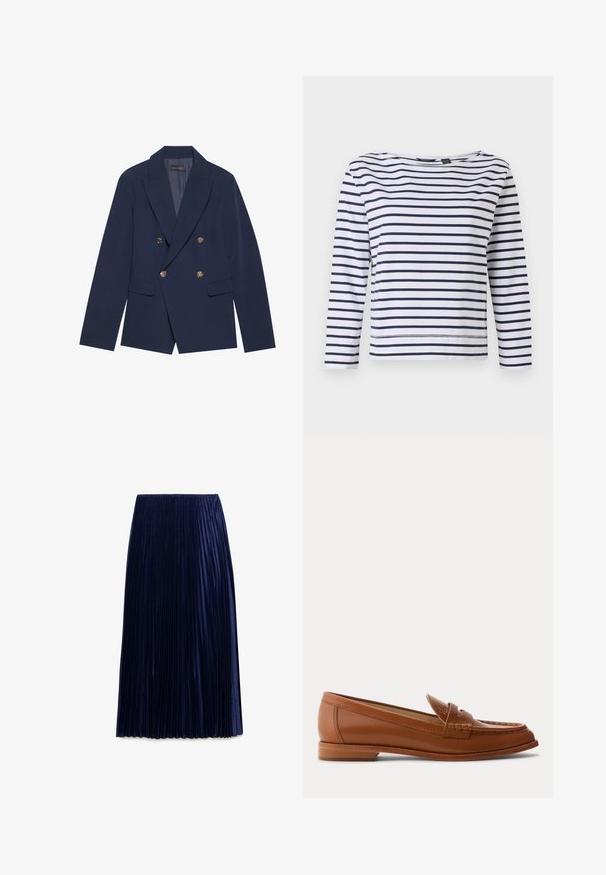 Navyblauwe dubbelzijdige blazer van gladde stof, met gouden knopen, ingesneden revers en twee voorzakken.; Gestreepte lange mouwen top in wit en marineblauw, met een bootnek en een ontspannen pasvorm. Gemaakt van zacht katoen met gestikte zomen.; Navy geplooide midi-jurk gemaakt van lichte stof met een zachte textuur, voorzien van gelijkmatig verdeelde verticale plooien en een elastische tailleband.; Bruine leren loafer met lage houten hak, klassieke pennyriem en gestikte details langs de neus en zijkanten.