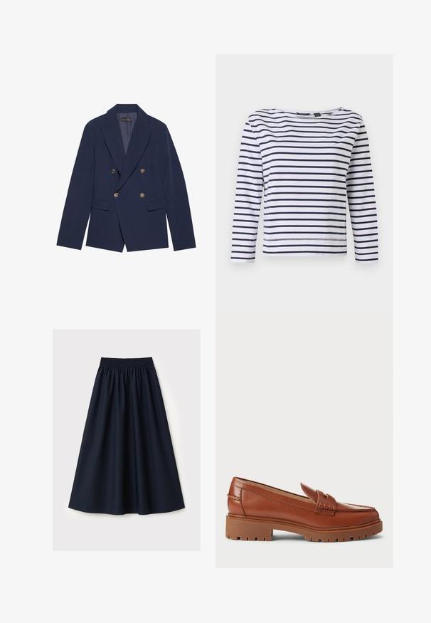Blazer croisé bleu marine en tissu lisse, doté de boutons dorés, de revers crantés et de deux poches avant.; Haut à manches longues rayé en blanc et bleu marine, avec un col bateau et une coupe décontractée. Fabriqué en coton doux avec des ourlets cousus.; Jupe bleu marine en tissu lisse, dotée d'une ceinture élastique, d'une coupe évasée et d'une longueur au genou. Aucun motif ni accent visible.; Mocassins en cuir marron avec un design à bout mocassins, coutures visibles et une semelle en caoutchouc épaisse et texturée. Accent en métal doré.