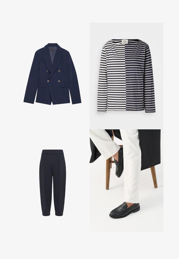 Marineblå dobbeltradet blazer lavet af glat stof, med guldtonede knapper, spidse klapper og to forlommer.; Stribet langærmet top med et navy og hvidt farveskema, lavet af blødt stof med en boxy pasform og en bred halsudskæring.; Marineblå slanke bukser med elastisk talje, der har midterfold, en glat overflade og en ankellang længde.; Person iført sorte læder loafers og hvide bukser, siddende på en træskammel mod en hvid baggrund.