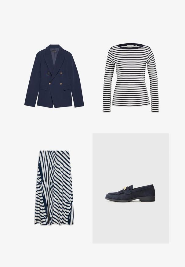 Blazer croisé bleu marine en tissu lisse, doté de boutons dorés, de revers crantés et de deux poches avant.; TOM TAILOR DENIM T-shirt à manches longues - navy/white; Jupe à rayures bleu marine et blanc en tissu doux, avec une coupe évasée, des largeurs de rayures variées et un léger éclat.; Mocassins en suede marine avec un petit talon noir, ornés d'un détail en matériel doré à l'avant et d'un design à bout rond.