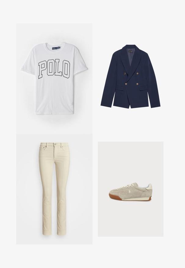 Marineblaues, doppelt geknöpftes Blazer aus glattem Stoff, mit goldfarbenen Knöpfen, Reverskragen und zwei Vordertaschen.; Weißes Baumwoll-T-Shirt mit einem schwarzen Umrissdruck des Wortes "POLO" auf der Vorderseite, kurzen Ärmeln und einem Rundhalsausschnitt.; Beige geradlinige Hose aus weichem Baumwollgemisch, mit klassischem Fünf-Taschen-Design, Metallknopfverschluss und subtiler Textur.; Beiger Wildleder-Sneaker mit weißen Schnürsenkeln, Gummisohle und kleinem gesticktem Logo an der Seite, von links auf weißem Hintergrund gesehen.