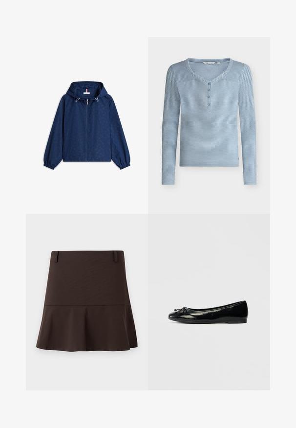 Veste à capuche bleu marine avec un motif géométrique subtil, fermeture éclair frontale, poignets élastiques et cordons de serrage réglables sur la capuche.; Chemise henley à manches longues rayée horizontale bleu et blanc avec quatre boutons et un col en V arrondi.; Mini-jupe évasée marron en tissu lisse, avec une taille ajustée et des détails de couture subtils. Design simple sans motifs.; Ballerine en cuir verni noir avec un bout rond, un détail de nœud décoratif et une semelle plate. Texture lisse et design épuré.