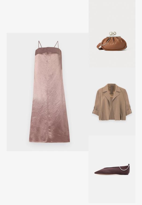 Lysebrun kort jakke med bred reverskrave og 3/4 ærmer, der er rullet op og fastgjort med knapstropper.; Satin midi kjole i gradient nuancer af rose, med tynde stropper og en glat, let krøllet tekstur samt en lige silhuet.; Mørkebrun flad sko med spids tå, lav hæl og en sølvfarvet rhinstenkæde detalje bagpå.; Brun læder clutch-pung med sølv kugleklap og en lille sølv kædedetalje på en hvid baggrund.