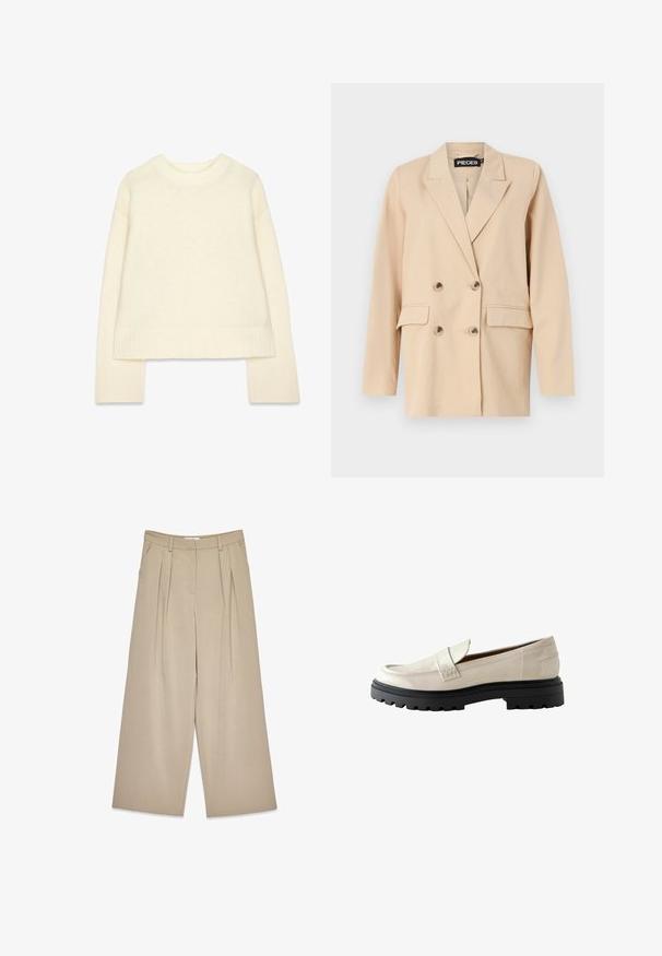 Beige dobbeltbrystet blazer med spidse klapper, der har to frontlommer og store knapper. Lavet af let stof med en glat tekstur.; Cremefarvet strikket sweater med rund halsudskæring, sænket skuldre og lange ærmer. Har ribbede manchetter og lige kant.; Beige viddebukser med frontfolder, sidelommer, bælteløkker og en skjult lukning foran.; Beige patentlæder loafers med rund tå, kraftig sort gummisål og en syet detalje foran.