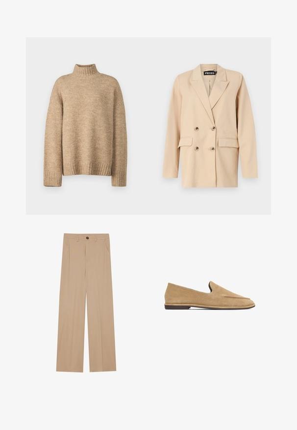 Beige dobbeltbrystet blazer med spidse klapper, der har to frontlommer og store knapper. Lavet af let stof med en glat tekstur.; Beige rullekravetrøje lavet af blødt, struktureret strikmateriale. Har ribbede manchetter og kant, samt en afslappet pasform. Klassisk og hyggeligt design.; Beige brede bukser med en glat tekstur, der har to sidelommer, en frontlukning med knap og diskrete plisseringer for at tilføje detaljer.; Beige ruskind slip-on loafers med lav hæl og rundet tå, sidevisning på hvid baggrund.