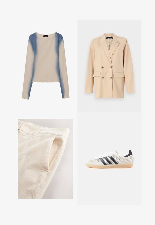 Beige dobbeltbrystet blazer med spidse klapper, der har to frontlommer og store knapper. Lavet af let stof med en glat tekstur.; Langærmet top i lys beige med et gradient blå design. Glat tekstur med rund halsudskæring og lige kant.; Lyse cremefarvede kordfløjlsbukser med lodrette ribber og sidelommer, som viser en blød tekstur og rene sømdetaljer.; Hvide mesh-sneakers med sort tre-stribet design, rundet tå og gummisål. Har blød hælkant og snørelukning.