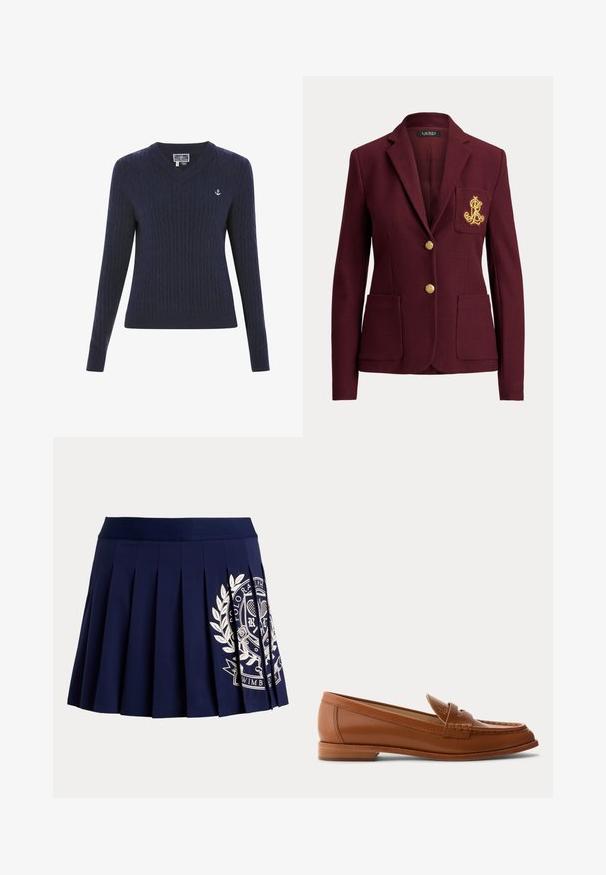 Mørkerød blazer med to guldknapper, tre forlommer inklusive en brystlomme med guldbroderet logo og en hakket krave.; Marineblå V-hals sweater lavet af ribstrikstof, med kabelmønstre og et lille hvidt ankerlogo på venstre bryst.; Marineblå plisseret nederdel med bred linning og hvid tennisinspireret logo på nederste højre side.; Brun læderloafer med lavt træsål, klassisk penny-rem og syet detalje langs tå og sider.