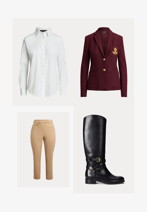 Dunkelroter Blazer mit zwei goldenen Knöpfen, drei Fronttaschen inklusive einer Brusttasche mit goldbesticktem Logo und einem amerikanischen Revers.; Weißes langärmeliges Hemd mit klassischem Kragen und sichtbaren Knöpfen vorne, auf einfachem Hintergrund präsentiert.; Beige Slim-Fit-Hosen mit hoher Taille, versehen mit zwei kleinen dekorativen Knöpfen am Bund und einer mit Knopf verschlossenen Klappentasche auf der rechten Seite.; Schwarze lederne kniehohe Stiefel mit abgerundetem Zeh, niedrigem Blockabsatz und doppelten Riemen mit goldfarbener Schnallenakzentuierung. Glatte Textur.
