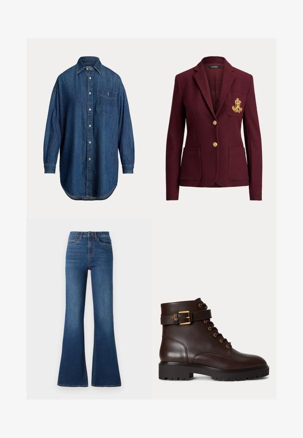 Donkerrode blazer met twee gouden knopen, drie voorzakken waaronder een borstzak met goud geborduurd logo, en een reverskraag.; Blauw denim overhemd met lange mouwen, knopenrij, borstzak met klein geborduurd logo en klassieke kraag.; Uitgebreide spijkerbroek gemaakt van middelzwaar katoen, met een diepblauwe wassing, contrasterende stiksels en een traditionele vijf-pocketontwerp.; Donkerbruine leren enkellaars met veters aan de voorkant, gouden gespband en dikke zwarte profielzool.