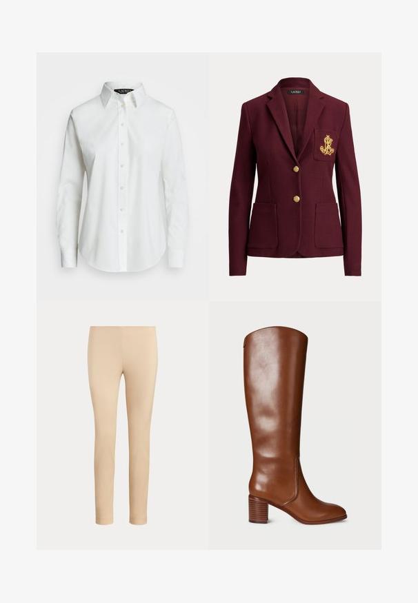 Donkerrode blazer met twee gouden knopen, drie voorzakken waaronder een borstzak met goud geborduurd logo, en een reverskraag.; Witte lange mouwen button-up blouse van katoen. Bevat een klassieke kraag, zeven knopen en een subtiele logo geborduurd op de borst.; Beige slim-fit enkellange broek met een gladde afwerking en zonder zichtbare zakken of versieringen op een effen achtergrond.; Bruine leren laarzen tot de knie met een blokhak, een gladde textuur, subtiele stiksels en een ronde neus. Geen zichtbare hardware of accenten.