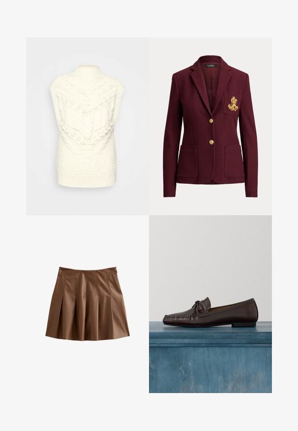 Donkerrode blazer met twee gouden knopen, drie voorzakken waaronder een borstzak met goud geborduurd logo, en een reverskraag.; Crème-kleurige gebreide vest met een hoge geribde kraag en textuurpatronen, waaronder kabels en bobbels, die een gezellige uitstraling geven.; Bordeaux plissé minirok van glad faux leer, met een hoge taille en nette stiksels voor een gestructureerde silhoutte.; Bruine leren loafers met een ronde neus, strikdetail en sierstiksels langs de wreef. Platte zwarte rubberen zool.