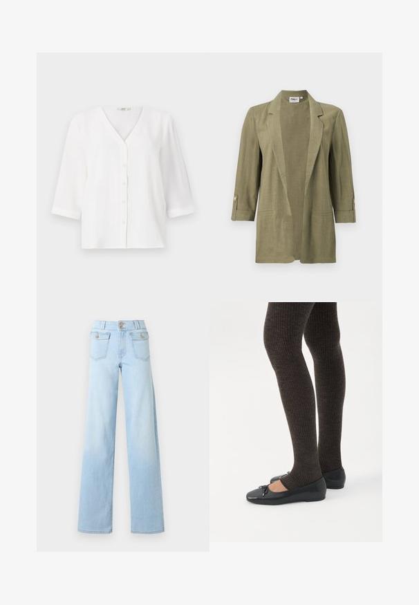 Olijfgroene blazer met open voorkant, driekwarts mouwen, reverskraag, zakdetails en knoopaccenten op de manchetten.; Witte blouse met een V-hals en zes knopen aan de voorkant. Heeft driekwart mouwen en een relaxte pasvorm. Zachte, gestructureerde stof.; Lichtblauwe jeans met wijde pijpen en een hoge taille, voorzien van klepzakken aan de voorkant die worden gesloten met knopen, en een dubbele knoopsluiting aan de tailleband.; Benen met donkere geribbelde leggings gecombineerd met zwarte ballerina's met kleine strikdetails op een witte achtergrond.