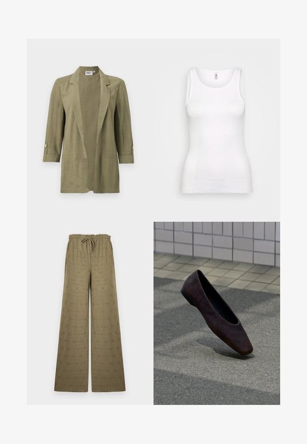 Blazer vert olive à ouverture devant, manches aux trois-quarts, col à revers, détails de poches et boutons décoratifs sur les poignets.; Débardeur blanc à côtes avec un col rond et des bretelles larges, arborant une coupe ajustée qui épouse la silhouette. Pas de motifs ni d'accents visibles.; Pantalon kaki à jambes larges avec motif à œillets, taille élastique et cordon, présenté sur un fond clair uni.; Chaussure plate marron foncé unique flottant au-dessus d'un sol texturé avec un mur carrelé en arrière-plan.