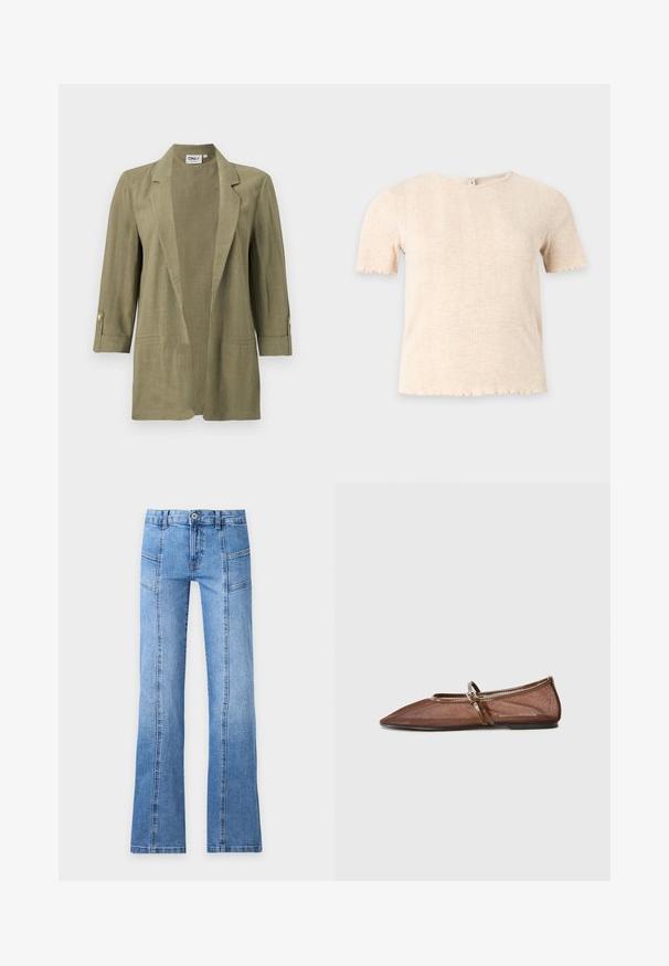 Blazer vert olive à ouverture devant, manches aux trois-quarts, col à revers, détails de poches et boutons décoratifs sur les poignets.; Haut tricoté beige à manches courtes avec col rond et motif côtelé vertical discret, sur fond uni gris clair.; Jean en denim bleu clair avec taille haute, bouton devant, fermeture éclair, détails de coutures et jambes légèrement évasées sur un fond uni.; Ballerines en mesh marron avec un bout pointu, une fine sangle en cuir et une semelle plate. La tige présente une texture transparente.
