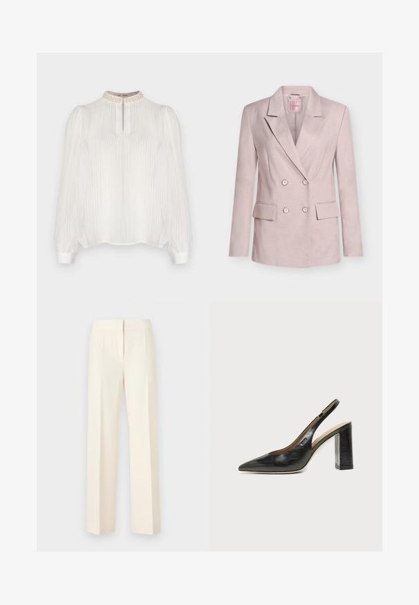Hellrosa zweireihiger Blazer mit Revers, vier Knöpfen, zwei vorderen Pattentaschen und langen Ärmeln.; Weiße Bluse mit vertikalen Streifen, hochgeschlossenem Kragen mit strukturierten Details und langen Puffärmeln, die in enganliegende Manschetten enden.; Off-white maßgeschneiderte, gerade geschnittene Hosen mit Bügelfalte vorne, Bund und verdecktem vorderem Verschluss vor einfarbigem Hintergrund.; Schwarzer Leder-Slingback-Schuh mit spitzer Kappe, hohem Blockabsatz und beigegefüttertem Innenraum vor hellem, einfarbigem Hintergrund.