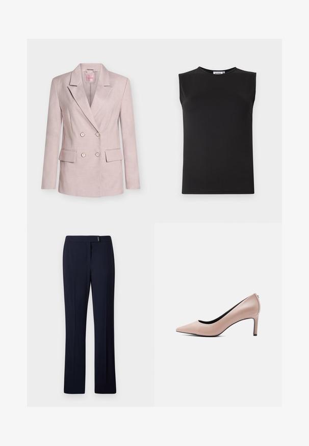 Blazer cruzado de color rosa claro con solapas de muesca, cuatro botones, dos bolsillos delanteros con solapa y mangas largas.; Top negro sin mangas de tela suave y elástica. Presenta un escote redondo y una silueta ajustada. Sin patrones o acentos visibles.; Pantalones ajustados de color azul marino hechos de una tela suave, con un frente plano, piernas rectas y un sutil acento plateado en la cintura.; Zapato de tacón alto beige con punta estrecha y tacón de aguja delgado sobre un fondo blanco liso.