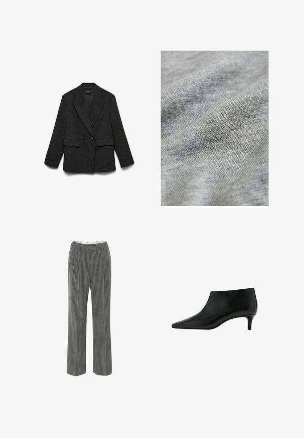 Blazer double boutonnage gris foncé avec revers crantés, deux poches avant à rabat et manches longues, posé à plat sur un fond blanc.; Tissu de coton gris avec une surface lisse et texturée et des variations subtiles de ton, présentant une apparence douce et tricotée.; Pantalons gris à rayures fines avec une coupe ajustée, un devant plat et un design à jambe large. Fabriqués en tissu lisse et léger.; Bottine en cuir noir avec bout pointu et petit talon kitten, conçue pour un port élégant et formel.