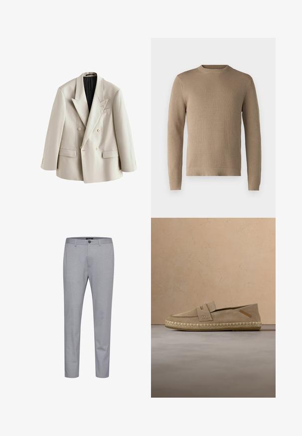 Hellbeiger doppeltgeknöpfter Blazer mit spitzen Revers, vier vorderen Knöpfen, zwei Pattentaschen und schwarzem Innenfutter, flach auf weißem Hintergrund präsentiert.; Beige Strickpullover mit Rundhalsausschnitt, gerippten Bündchen und Saum sowie strukturiertem Material, in einfarbiger Ausführung ohne Muster oder Akzente.; Grau gemusterte Hose aus Stoff mit glatter Textur. Verfügt über einen Knopfverschluss und ein schmal zulaufendes Design.; Beiger Wildleder-Slipper mit gewebter Espadrille-Sohle, platziert in einem neutral gestalteten Wohnzimmer neben einem hölzernen Couchtisch mit Büchern.