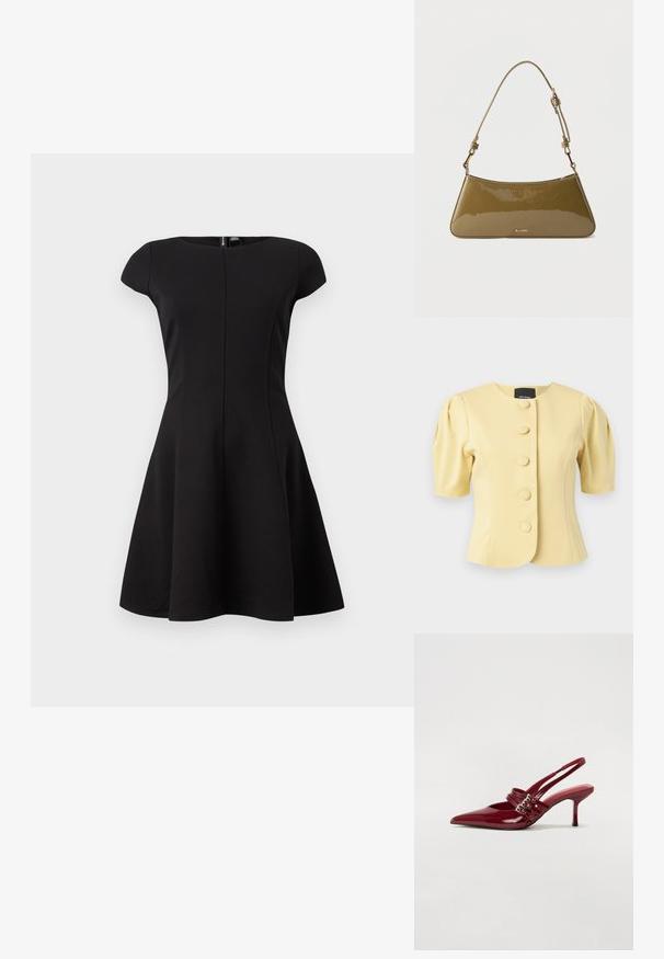 Blassgelbe Jacke mit kurzen Ärmeln, rundem Ausschnitt, fünf bezogenen Knöpfen vorne und leicht gepolsterten Schultern.; Schwarzes Kleid mit kurzen Ärmeln und tailliertem Oberteil sowie ausgestellt Rock. Glattes Material, knielanges Design und ein verdeckter Reißverschluss im Rücken.; Rote Lackleder Slingback-Absätze mit spitzem Zeh, zwei Schnallenriemen und einem schlanken, mittelhohen Stiletto-Absatz. Glatte Textur.; Kleine Schultertasche aus olivgrünem Lackleder mit verstellbarem Riemen und goldfarbenem ALDO-Logo auf der Vorderseite.