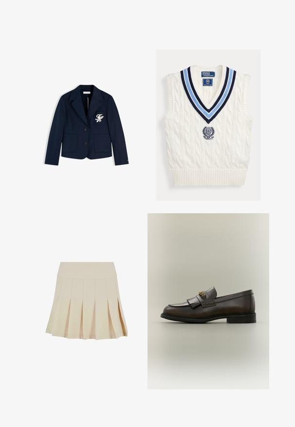 Donkerblauw blazer met twee voorzakken, twee knopen en witte geborduurde initialen op het linkerborstzakje.; Wit kabelgebreid mouwloos trui-vest met blauw gestreepte V-hals en Polo Ralph Lauren Wimbledon-logo op de borst.; Beige geplisseerde rok met een aangesloten tailleband, gemaakt van een gladde stof. Kenmerkt zich door meerdere verticale plooien en een rechte zoom.; Donkerbruine leren loafer met franjes en gouden gesp op zwarte zool, gezien van opzij tegen een neutrale achtergrond.
