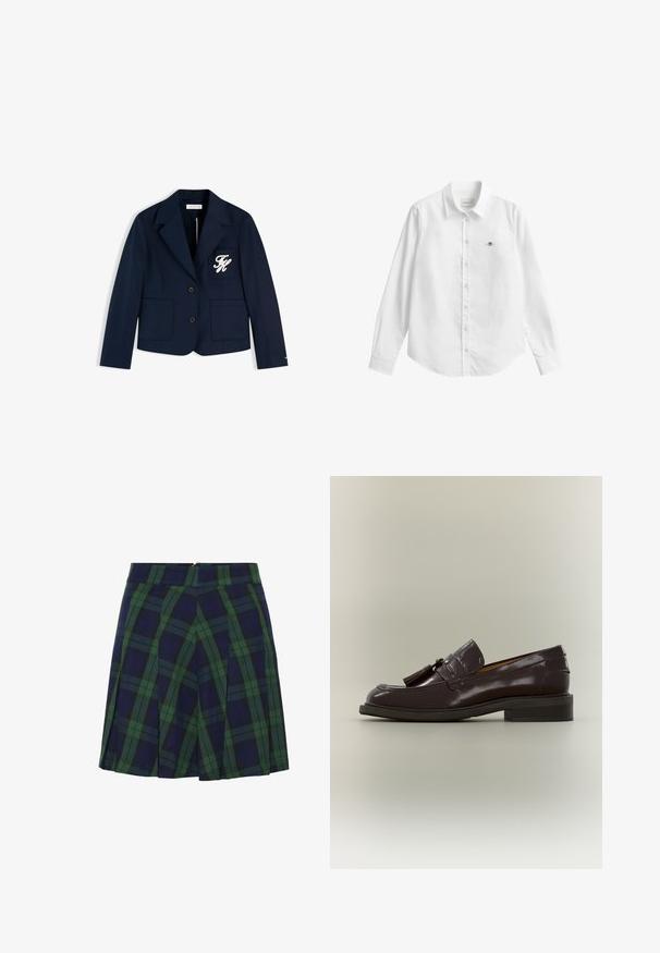 Blazer bleu marine avec deux poches avant, deux boutons et initiales blanches brodées sur la poche poitrine gauche.; Chemise blanche à manches longues avec boutons, fabriquée dans un tissu légèrement texturé. Dotée d'une poche avant avec un petit logo brodé et d'un col classique.; Jupe plissée bleu marine et verte avec un motif tartan et une fermeture éclair au dos.; Mocassin en cuir marron foncé avec pampilles, talon bas et semelle cousue, montré de profil sur un fond neutre.