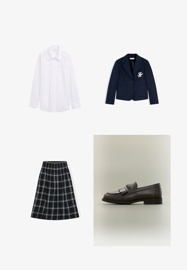Blazer bleu marine avec deux poches avant, deux boutons et initiales blanches brodées sur la poche poitrine gauche.; Chemise blanche à manches longues en coton, dotée d'une fermeture à boutons, d'un col et d'une poche poitrine. Texture lisse et uniforme.; Jupe à carreaux noir et blanc avec un waistband smocké, longueur genou, présentant un design évasé et une texture de tissu douce.; Mocassin en cuir marron foncé avec détail à franges et boucle dorée sur semelle noire, vu de côté sur un fond neutre.