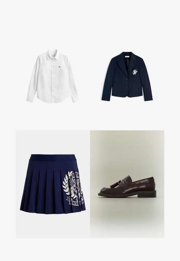 Mørkeblå blazer med to forlommer, to knapper og hvide broderede initialer på venstre brystlomme.; Hvid skjorte med lange ærmer og knapper lavet af stof med en let tekstur. Har en frontlomme med en lille broderet logo og en klassisk krave.; Marineblå plisseret nederdel med bred linning og hvid tennisinspireret logo på nederste højre side.; Mørkebrun læderloafer med frynser, lav hæl og synet sål, vist fra siden på en neutral baggrund.
