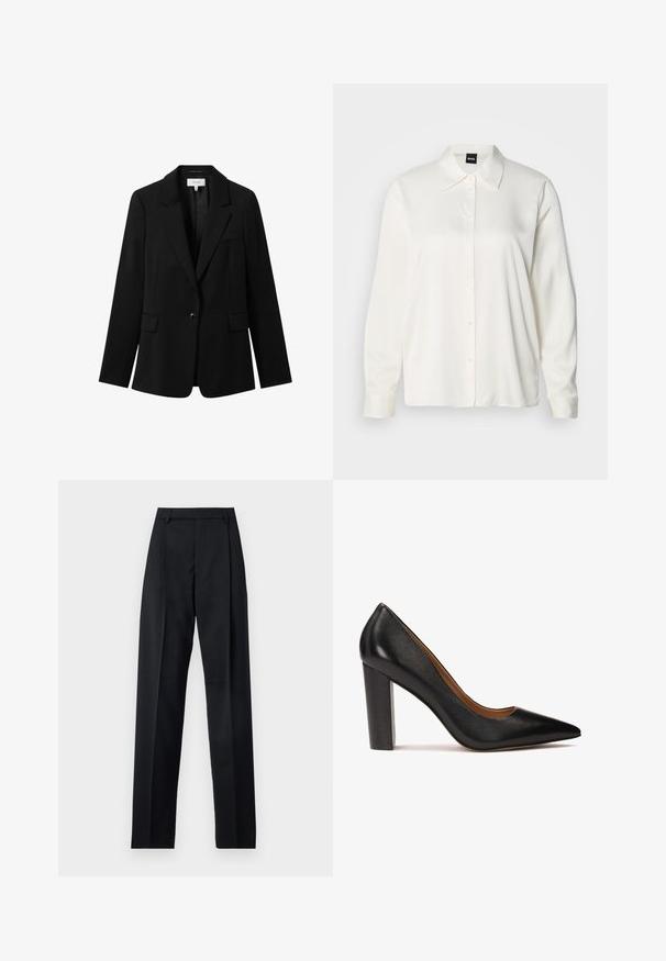 Sort skræddersyet blazer med en enkelt knap, klapkraver og to frontlommer. Fremstillet af et glat stof med en struktureret silhuet.; Hvid skjorte med lange ærmer lavet af glat stof, der har en klassisk krave, knaplukning foran og knapper ved ærmekanterne, med en afslappet pasform.; Sorte bukser lavet af glat stof, der har høj talje, brede ben, frontfolder og klassiske bælteløkker. Ingen synlige sidelommer.; Sorte læder højhælede pumps med spids tå, tekstureret overflade og en kraftig blokhæl. Enkel design med en glat indvendig foring.
