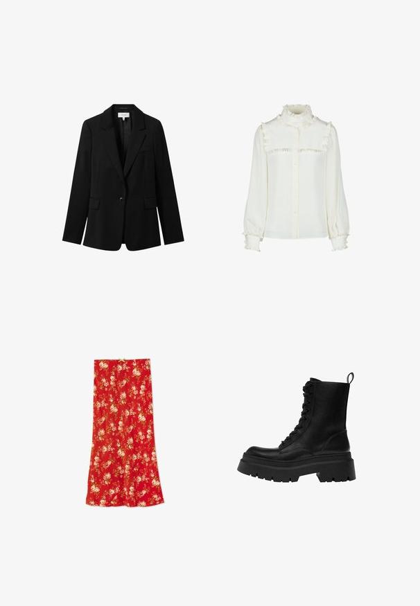 Zwarte op maat gemaakte blazer met een enkele knoop, met paspelrevers en twee voorkeurszakken. Gemaakt van een gladde stof met een gestructureerd silhouet.; Witte blouse met een hoge, geribbelde kraag, knoopsluiting en geribbelde accenten langs de borst en mouwen. Zacht, gestructureerd materiaal.; Rode stoffen rok met een bloemenpatroon van witte en roze rozen, groene accenten en een gladde textuur. Bovenaan is een kleine groene strik bevestigd.; Zwarte hoge vetercombatboot met dikke profielzool en trekkoord aan de achterkant, zijaanzicht op een witte achtergrond.