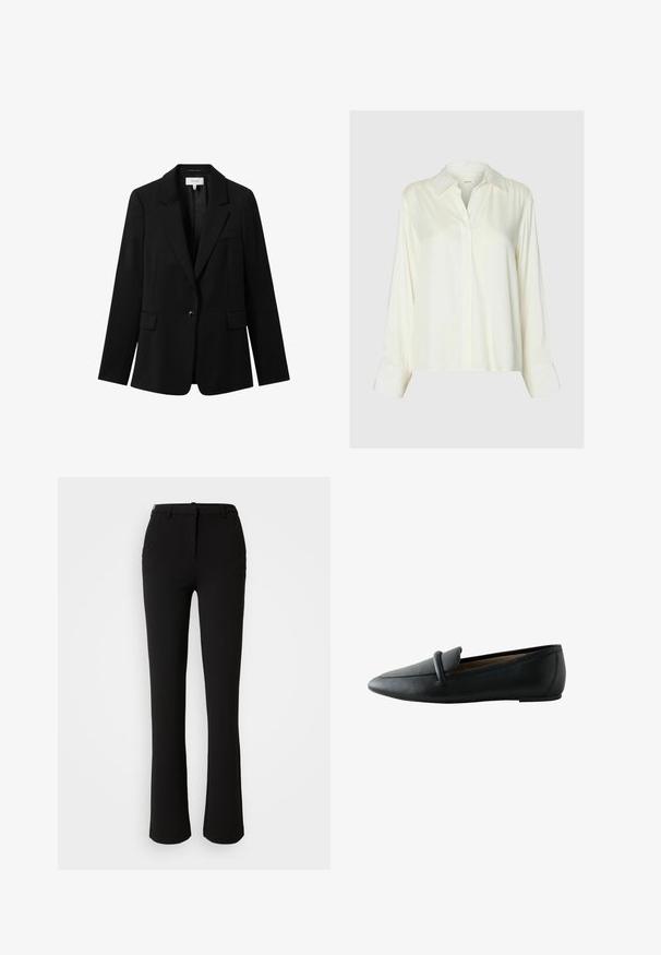 Sort skræddersyet blazer med en enkelt knap, klapkraver og to frontlommer. Fremstillet af et glat stof med en struktureret silhuet.; Langærmet hvid satinbluse med klassisk krave og skjult knaplukning foran, vist på en ensfarvet lysegrå baggrund.; Sorte bukser lavet af et glat stof, med et lige ben design, frontlommer og en standard talje med en bæltestrop.; Sort læder flad loafer med rundet tå og remdetalje over overdelen, vist fra siden.