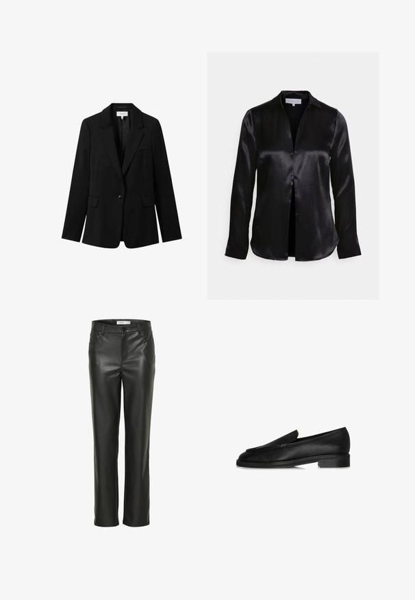 Blazer noir ajusté avec un bouton unique, revers crantés et deux poches avant. Fabriqué à partir d'un tissu lisse avec une silhouette structurée.; STUDIO ID ALYSSA - Blouse - black; Pantalons en cuir noir avec une coupe droite, dotés de poches avant et d'une fermeture à bouton. Texture lisse avec une apparence élégante.; Mocassins en cuir noir avec une semelle plate, présentant un design cousu et un subtil détail supérieur. Texture lisse et silhouette élégante.