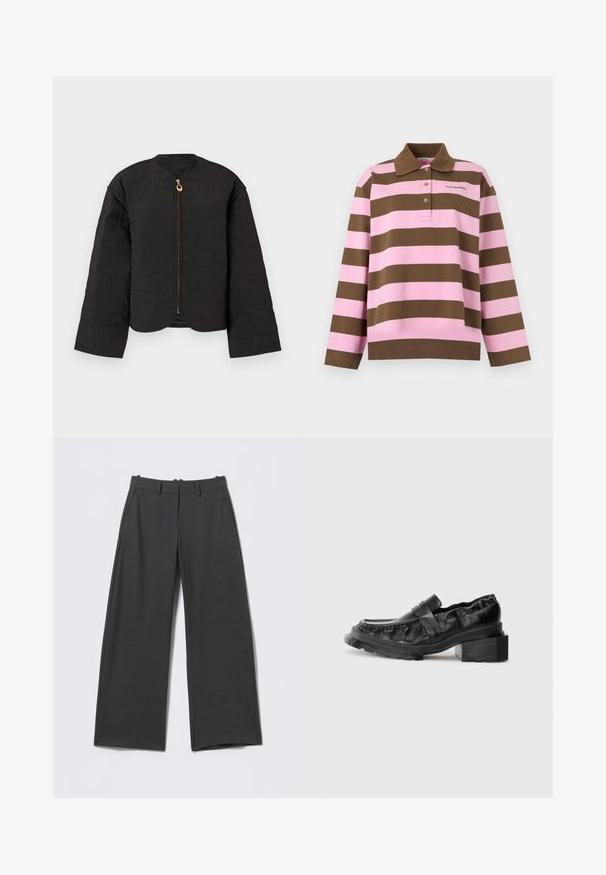 Veste matelassée noire à manches longues, col rond, et fermeture éclair frontale dorée avec tirette circulaire, présentée sur fond blanc.; Polo à manches longues avec des rayures horizontales roses et marron, trois boutons, et petit logo "marimekko" sur la poitrine.; Pantalon gris foncé à jambes larges avec fines rayures verticales, passants de ceinture, poches latérales et fermeture éclair à l'avant.; Mocassins en cuir noir avec une semelle structurée, présentant un talon bloc légèrement surélevé et un dessus texturé, maintenus par une sangle à l'avant.