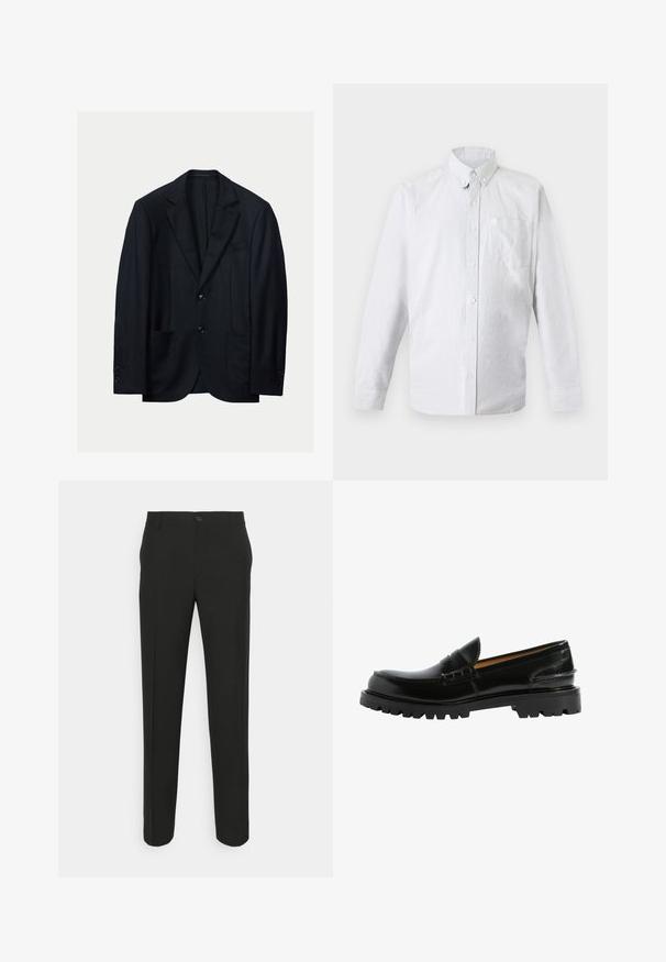 Schwarzer Blazer mit Reverskragen, Zweiknopfverschluss und zwei Fronttaschen. Hergestellt aus glattem Stoff mit dezentem Glanz und tailliertem Schnitt.; Weißes langärmeliges Hemd mit Knöpfen, knöpfbarem Kragen und Brusttasche, flach auf hellem Hintergrund dargestellt.; Schwarze, maßgeschneiderte Hose mit geradem Schnitt, ausgestattet mit einem einzelnen Knopfverschluss und Gürtelschlaufen. Glattes, mattes Material ohne Muster.; Schwarze Lederloafers mit einer bequemen Silhouette, strukturierten Details im Obermaterial und einer robusten schwarzen Gummisohle.
