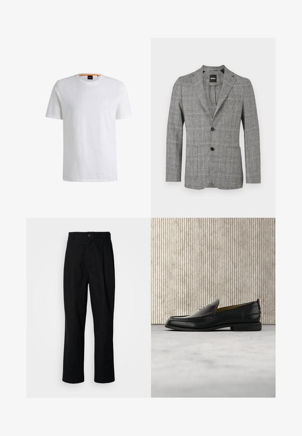 Blazer de hombre a cuadros en blanco y negro con dos botones negros y solapas con muesca, exhibido sobre un fondo blanco.; Camiseta de algodón blanca con mangas cortas y cuello redondo. Presenta un sutil parche de logo en el frente y un acento naranja en el cuello.; Pantalones rectos negros con cintura con botones, trabillas para cinturón y pliegue frontal, exhibidos sobre un fondo blanco liso.; Mocasín de cuero negro para hombre con empeine grabado en relieve de cocodrilo y tacón bajo, mostrado de perfil sobre un fondo neutro.