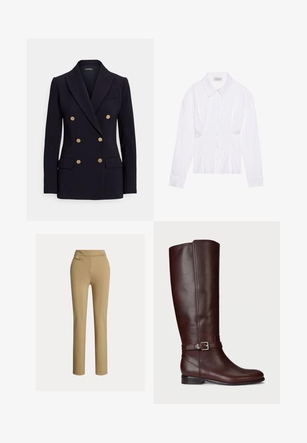 Marineblå dobbeltradet blazer med guldknapper, rullede reverser, to forlommer og en enkelt brystlomme, med en glat stoftekstur.; Hvid langærmet bluse med klassisk krave, knaplukning foran og samlede side detaljer. Glat stof med en skræddersyet form.; Beige slim-fit kvindebukser med høj talje, to knapper i siden og en lille lomme med knap nær taljebåndet.; Brune læderknæ-høje støvler med en glat overflade, sølvfarvet spændeaccent og en lav stabelhæle. Har diskret syninger.