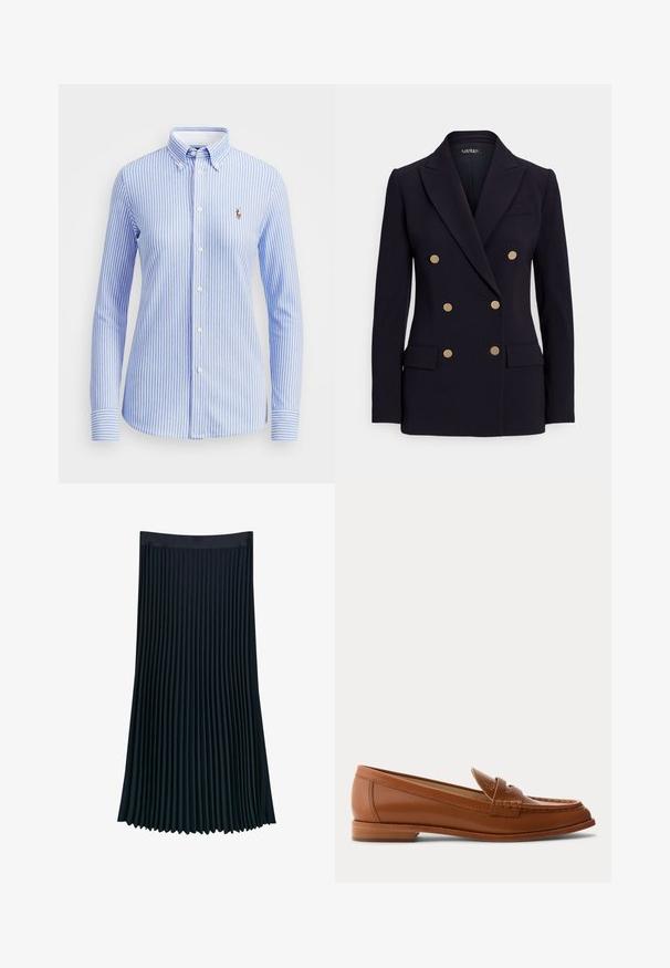 Blazer azul marino cruzado con botones dorados, solapas con muesca, dos bolsillos frontales y un bolsillo en el pecho, con una textura de tela suave.; Camisa de botones a rayas azul claro y blanca con cuello, mangas largas y un pequeño logo bordado en la parte izquierda del pecho.; Falda plisada en tela azul marino oscuro, con una cinturilla lisa y plisados verticales que aportan textura y movimiento, con una silueta fluida.; Mocasín de cuero marrón con tacón bajo de madera, correa clásica para moneda y detalles cosidos a lo largo de la puntera y los laterales.