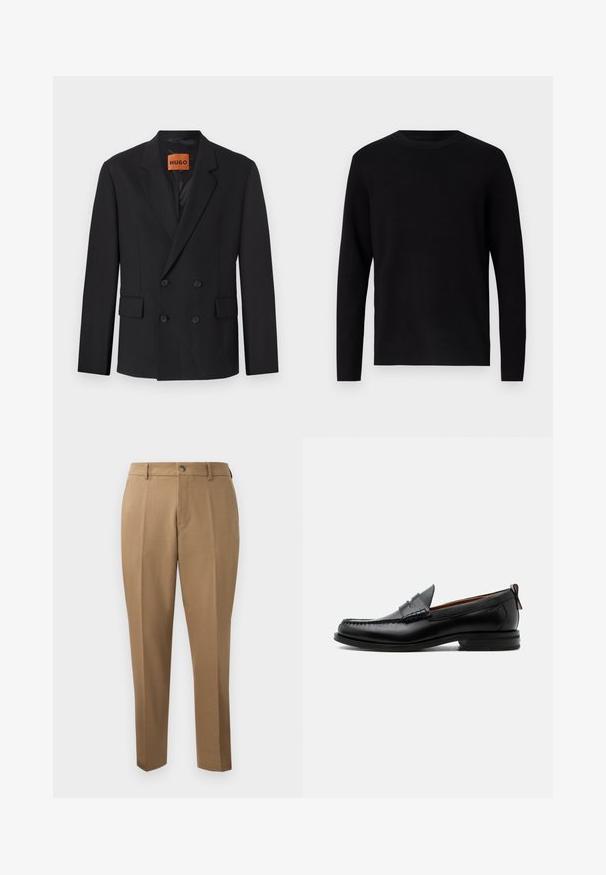 Schwarze doppelte Blazerjacke mit geknöpfte Revers, vorderen Taschen und Knöpfen. Der Stoff wirkt glatt mit einem leichten Glanz. HUGO-Label innen sichtbar.; Schwarzer Strickpullover mit Rundhalsausschnitt und langen Ärmeln. Glatte Textur und einfarbig, ohne sichtbare Muster oder Akzente.; Braune maßgeschneiderte Hosen mit geradem Schnitt, seitlichen Falten, Gürtelschlaufen und einem vorderen Knopfverschluss. Glattes Gewebe mit matter Textur.; Schwarzer Leder-Herrenschuh mit Mokassinnaht, Penny-Riemen, strukturiertem Kragen und niedrigem gestapeltem Absatz auf weißem Hintergrund.