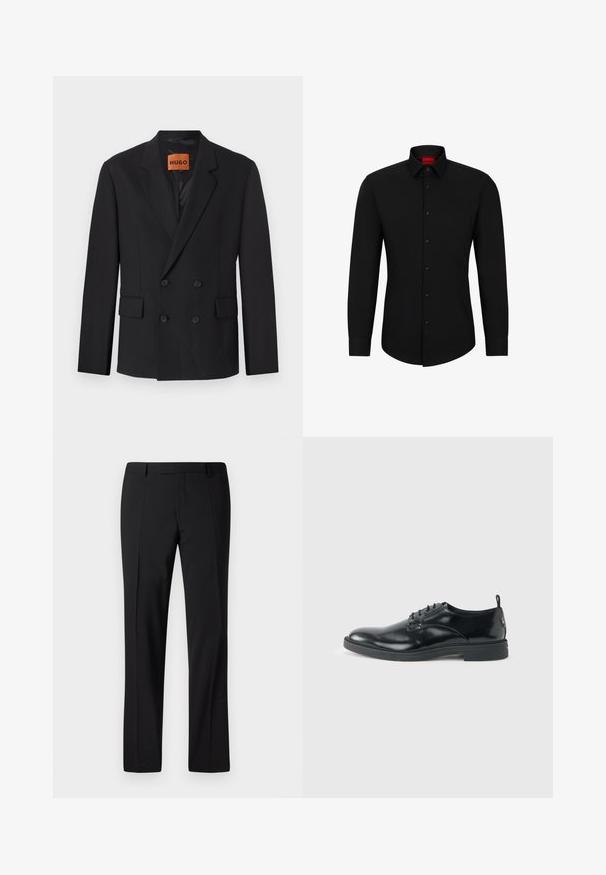 Schwarze doppelte Blazerjacke mit geknöpfte Revers, vorderen Taschen und Knöpfen. Der Stoff wirkt glatt mit einem leichten Glanz. HUGO-Label innen sichtbar.; Schwarzes Langarmhemd mit Knopfleiste, klassischem Kragen und abgerundetem Saum; verfügt über schwarze Knöpfe und ein rotes Logo im Kragen.; Schwarze, maßgeschneiderte Hose mit geradem Bein, ausgestattet mit einer glatten Textur, gefaltetem Vorderteil und einem klassischen Bund für ein formelles Erscheinungsbild.; Glänzender schwarzer Lederschuh mit niedrigem Absatz, Schnürverschluss und runder Kappe, seitlich auf hellem, schlichten Hintergrund gezeigt.