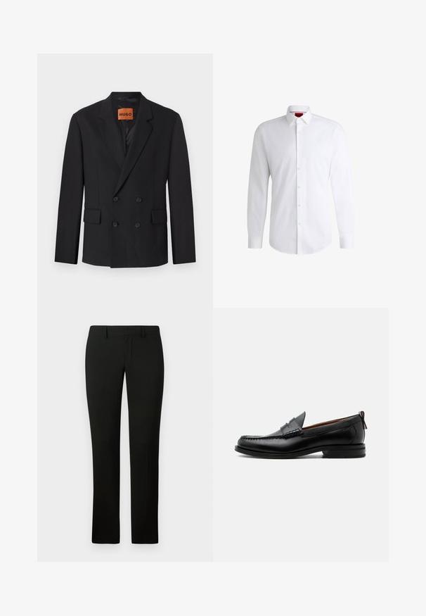 Blazer negro de doble botonadura con solapas muescas, bolsillos frontales y botones. La tela parece suave con un ligero brillo. Etiqueta HUGO visible en el interior.; Camisa blanca de botones, confeccionada en tela suave, con collar clásico, mangas largas y dobladillo curvado. Presenta botones beige en la parte delantera.; Pantalones negros con un corte a medida, que presentan una textura suave y un diseño de pierna recta. La cintura tiene pasadores para cinturón y un acabado limpio.; Mocasín de hombre de piel negra con costura moc toe, tira penny, cuello texturizado y tacón bajo apilado sobre fondo blanco.