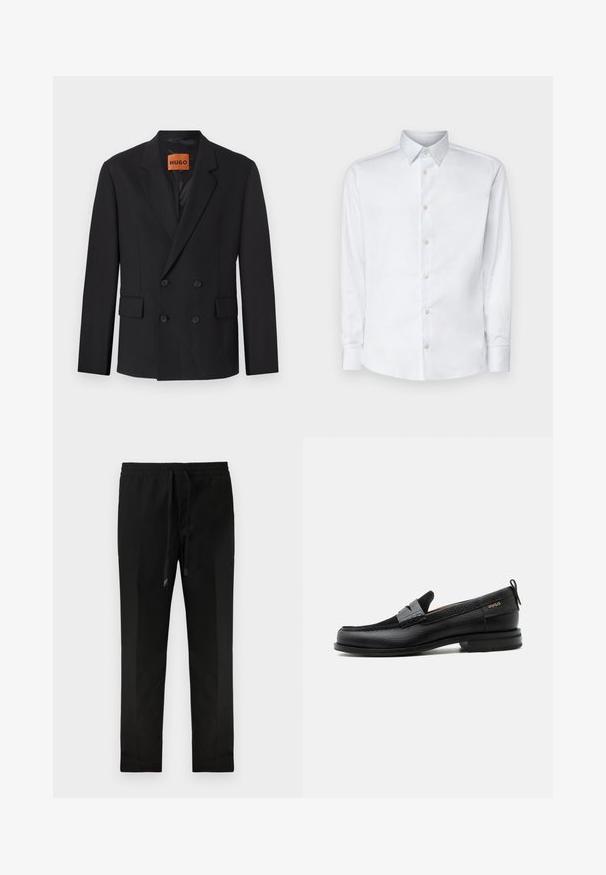 Sort dobbeltradet blazer med klaplommer, forlommer og knapper. Stoffet ser glat ud med en let glans. HUGO-mærket er synligt indvendigt.; Hvid langærmet skjorte lavet af glat stof, med en klassisk krave, knaplukning og manchetter med knapper, vist på en ensfarvet baggrund.; Sorte tapered bukser med elastisk talje og snor. Glat stof, minimalistisk design, ingen synlige lommer eller mønstre.; Sort læderloafer med grå remdetalje, lav hæl og tekstureret sål, mærket med "HUGO" i guld på siden.