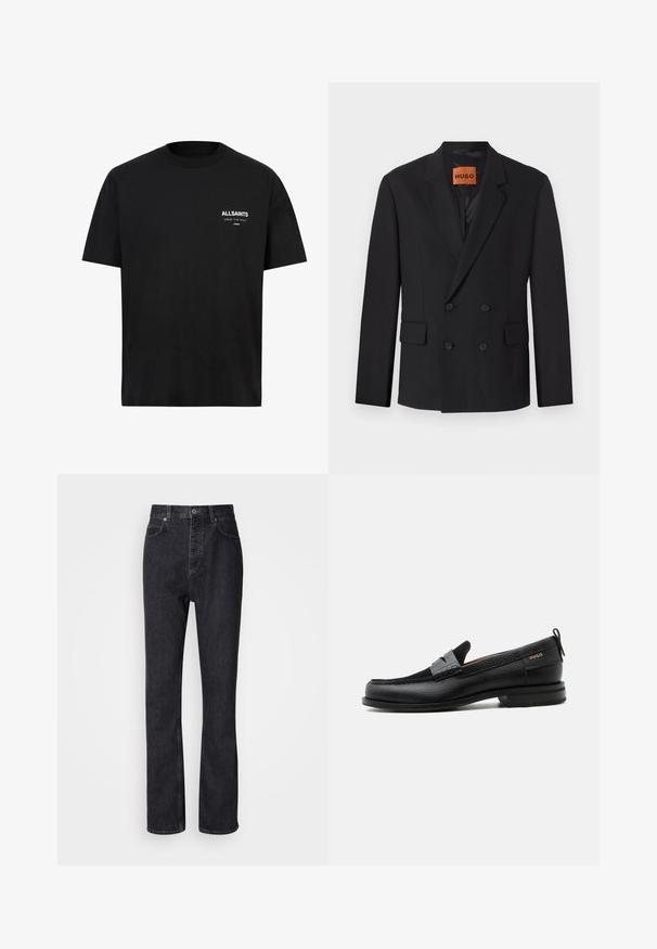 Sort dobbeltradet blazer med klaplommer, forlommer og knapper. Stoffet ser glat ud med en let glans. HUGO-mærket er synligt indvendigt.; Sort bomulds t-shirt med korte ærmer og rund hals. Har hvid tekst "ALLSAINTS" og "LONDON" på venstre brystområde.; Høj talje sorte denim jeans med knap- og lynlåsåbning, for- og baglommer samt lige ben.; Sort læderloafer med grå remdetalje, lav hæl og tekstureret sål, mærket med "HUGO" i guld på siden.