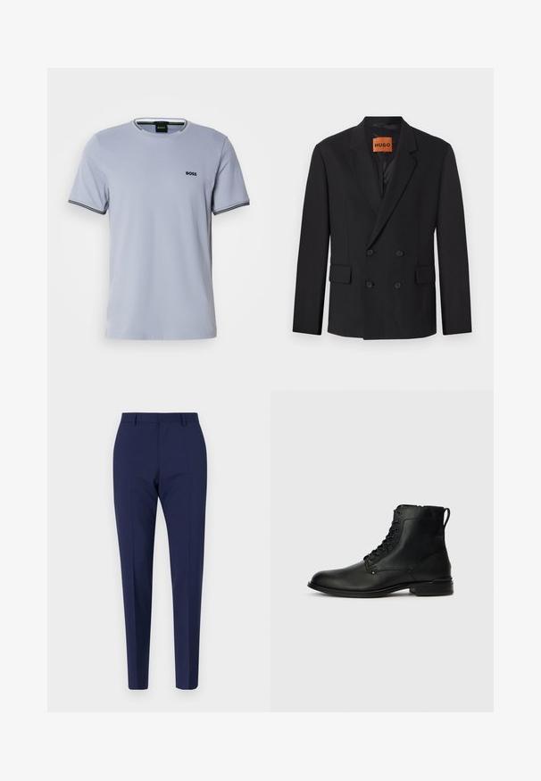 Zwarte dubbelgebreide blazer met notch-lapels, voorzakken en knopen. De stof lijkt glad met een lichte glans. HUGO-label zichtbaar aan de binnenkant.; Lichtblauw katoenen t-shirt met ronde hals, korte mouwen en zwart-wit gestreepte accenten op de manchetten, met een klein geborduurd logo.; Marineblauwe op maat gemaakte broeken met een slanke pasvorm, voorzien van een gladde textuur, een rechte voorzijde en geperste benen. Geen zichtbare zakken of versieringen.; Zwarte leren enkellaarsjes met een gladde afwerking, voorzien van een ronde neus, zes veterogen en een klein trekkoordje aan de achterkant.