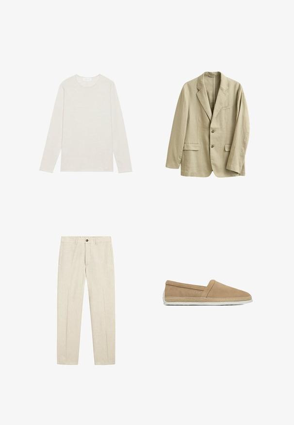Beige linnedragtjakke med hakrevers, to forlommer med klap, brystlomme og to knapper foran.; Creme langærmet t-shirt lavet af blødt strikket stof. Har en rund halsudskæring og en afslappet pasform uden synlige mønstre eller accenter.; Beige linnedbukser med knap- og lynlås, sidelommer, bæltestropper og lige ben.; Beige slip-on afslappet sko med ruskindsoverdel, flettet jutebiste rundt om sålen og hvid gummisål.