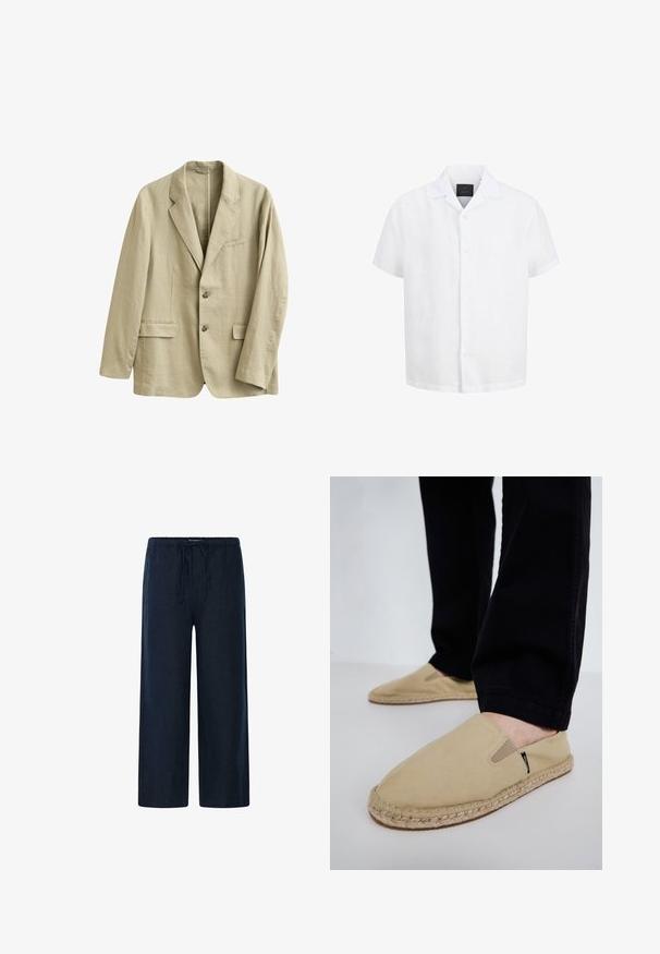 Blazer en lin beige avec revers à encoche, deux poches à rabat à l'avant, une poche poitrine passepoilée, et une fermeture à deux boutons à l'avant.; Chemise blanche à manches courtes avec boutons, col ouvert et étiquette noire à l'intérieur du col sur fond blanc.; Pantalon à jambes larges bleu marine avec taille élastique et cordon de serrage, en tissu léger pour un usage décontracté.; Chaussures slip-on en toile beige avec des goring élastiques, semelle en corde de jute et coutures contrastantes. Portées avec un pantalon noir fuselé.