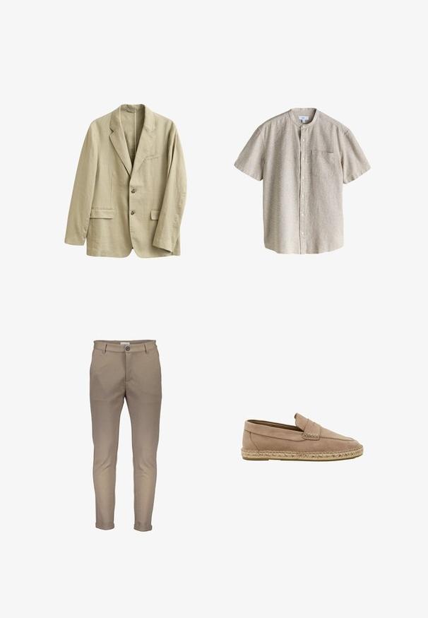 Blazer de lino beige con solapas de muesca, dos bolsillos delanteros con solapa, bolsillo de ojal en el pecho y dos botones en el cierre frontal.; Camisa beige de manga corta con botones, cuello mandarín y un único bolsillo en el pecho, confeccionada con tela texturizada.; Pantalones de mezcla de algodón beige con un ajuste entallado, que cuentan con cierre de botón, trabillas para cinturón y puños doblados. Textura suave con costuras limpias.; Mocasín de ante marrón claro con suela de yute trenzada y detalle de tira para moneda, presentado sobre un fondo blanco.