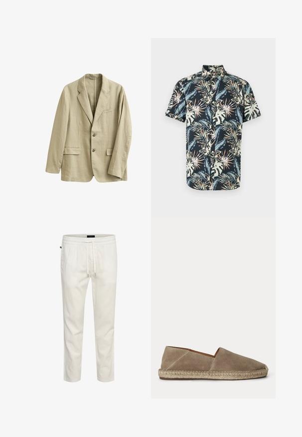 Beige linnedragtjakke med hakrevers, to forlommer med klap, brystlomme og to knapper foran.; Kortærmet skjorte med knapper i sort med et tropisk blomsterprint. Indeholder grønne blade og orange accenter. Stoffet virker glat og let.; Hvide, letvægts bomulds-joggers med elastisk talje, snor i taljen og en afslappet pasform. Glat tekstur uden mønstre eller accenter.; Beige ruskind espadrille sko med flettet juttesål og lukket rundet tå, vist fra siden på en ensfarvet baggrund.