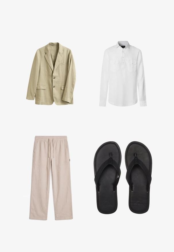 Blazer de lino beige con solapas de muesca, dos bolsillos delanteros con solapa, bolsillo de ojal en el pecho y dos botones en el cierre frontal.; Camisa blanca de manga larga con cuello, tapeta de botones, dos bolsillos en el pecho con solapas y puños abotonados.; Pantalones casual beige con cintura elástica, cordón ajustable, bolsillos laterales, piernas rectas y logo sutil en el muslo derecho.; Chanclas negras hechas de material suave, con una tira estilo thong, planta texturizada y logo en relieve en la suela.