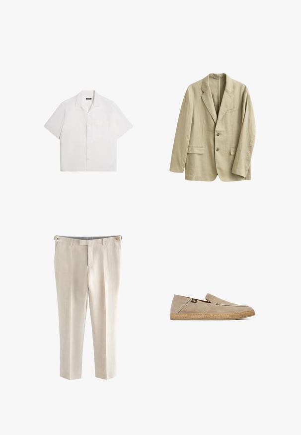 Beige linnedragtjakke med hakrevers, to forlommer med klap, brystlomme og to knapper foran.; Kortærmet hvid skjorte, blød tekstur, knapfront, spredt krave, enkelt brystlomme, afslappet boksdesign. Ensfarvet uden mønstre.; Beige skræddersyede bukser med bæltestropper, frontlynlås og to sidelommer, lavet af letvægtsstof.; Beige slip-on sko med ruskindsoverdel og tekstureret vævet sål, med lille stoflogo tag på siden nær hælen.