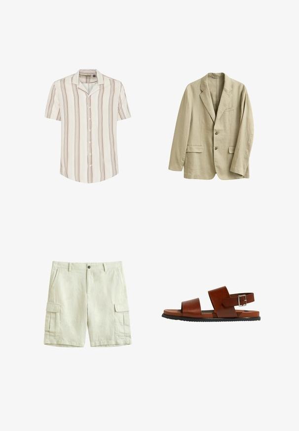 Blazer en lin beige avec revers à encoche, deux poches à rabat à l'avant, une poche poitrine passepoilée, et une fermeture à deux boutons à l'avant.; Chemise à manches courtes, boutonnière, de couleur crème clair avec des rayures verticales brunes et jaune pâle. Tissu doux avec une coupe décontractée et un col.; Shorts cargos beiges avec bouton et fermeture éclair à l'avant, deux poches latérales et deux grandes poches à rabat sur chaque cuisse.; Sandales en cuir marron avec deux larges brides et une boucle de cheville réglable. Caractéristiques : semelle plate et semelle extérieure en caoutchouc noir texturé.