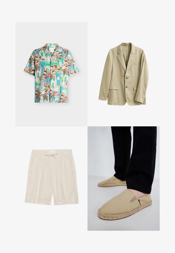 Blazer en lin beige avec revers à encoche, deux poches à rabat à l'avant, une poche poitrine passepoilée, et une fermeture à deux boutons à l'avant.; Chemise à manches courtes boutonnée avec imprimé palmiers tropicaux et arcade en tons verts, bleus, rouges et beiges sur un fond clair.; Shorts en lin beige avec taille élastique, cordon de serrage et poches latérales. Coupe décontractée avec jambe droite et ourlet retourné.; Chaussures slip-on en toile beige avec des goring élastiques, semelle en corde de jute et coutures contrastantes. Portées avec un pantalon noir fuselé.